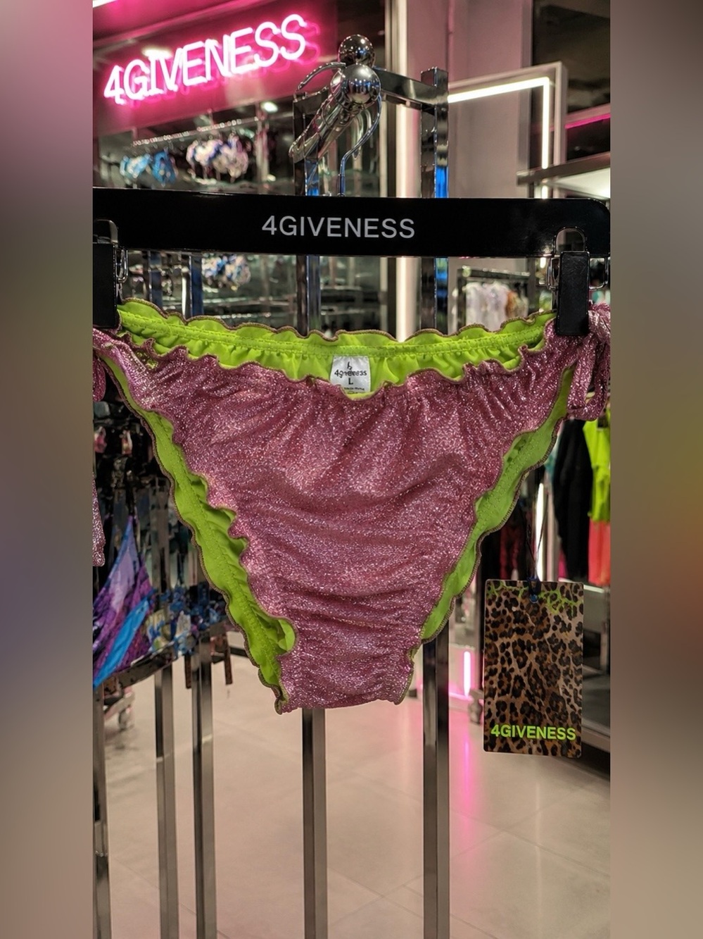 4giveness Lettice Trim Bikini Bottom  Rosa-PinkGlitter/Metallic LimeGreen Lining